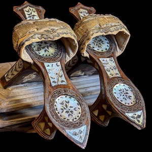 Antique Ottoman Bath Clogs: Mother of Pearl Inlay, Metallic Embroidery