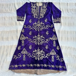 Antique Ottoman Silk Velvet Sirma Bindalli Kaftan | Ottoman Metallic Thread Embroidery Dress | Silver Embroidery on Purple Silk Velvet Dress