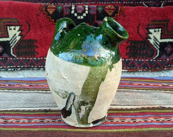 Antique Green Glazed Pottery Vase: Turkish Clayware Urn