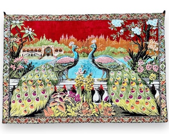 Vintage 70s Peacock Tapestry Rug: Colorful Turkish Wall Art Decor