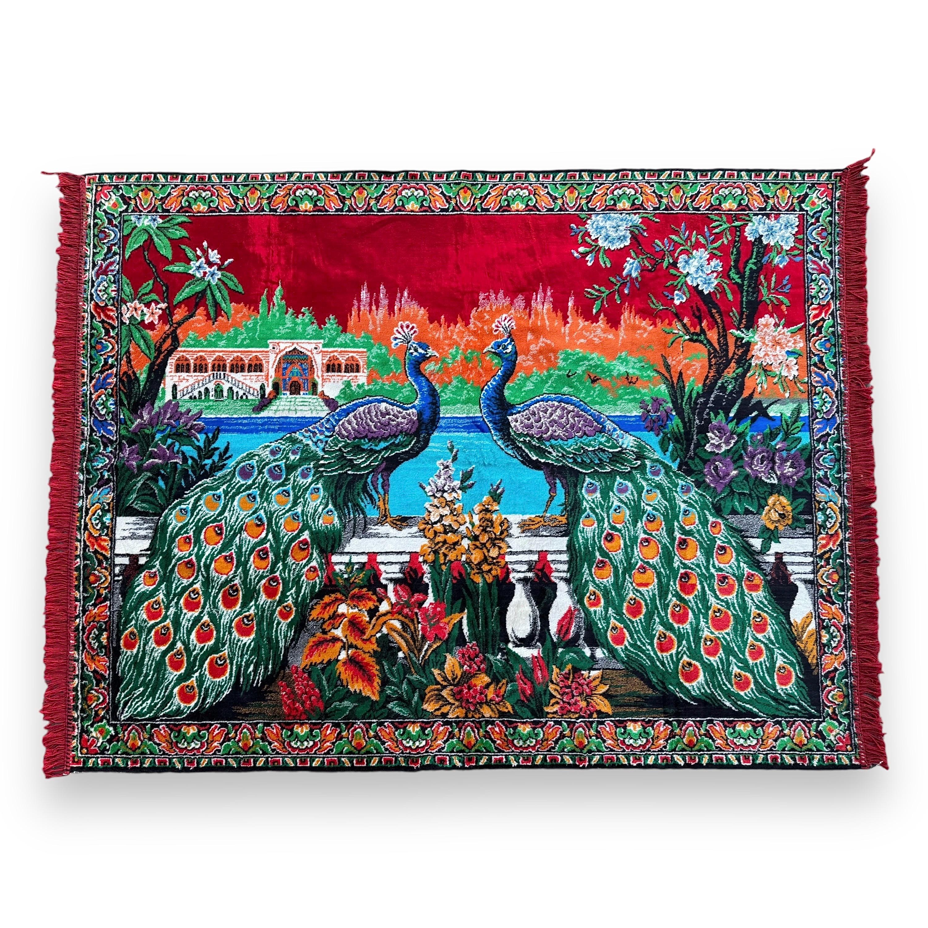 Vintage 1970s Velvet Peacock Tapestry: Vivid Colors Wall Hanging