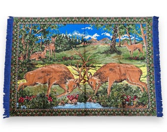 Vintage 1970s Deer Tapestry: Turkish Home Decor Wall Rug (177x123cm)
