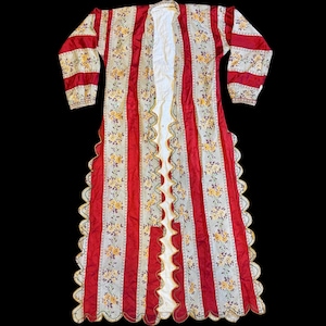 Antique 1800s Ottoman Kaftan – Floral Silk Brocade Bursa/Hereke Robe with Scalloped Embroidery, Uc Etek Dress, Antique Ottoman Textiles