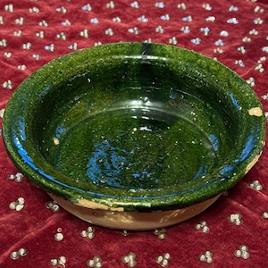 Antique Green Glazed Ceramic Bowl, Rustic Handmade Terracotta Pottery, Traditional Anatolian Decor, Kitchenware Primitive Pottery Gift