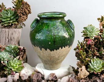 アンティークのグリーン釉陶器の壺：大きな手作りの粘土製花瓶 - Etsy 日本