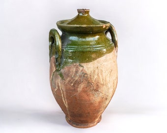 Antique Green Glazed Clay Pot with Lid: 150-Year-Old Terracotta Urn
