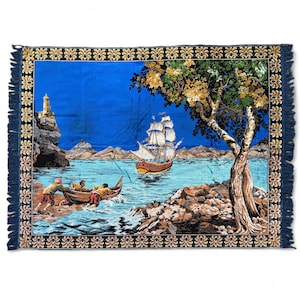 Tapiz de velero vintage: decoración de pared con escena de pescadores náuticos (161 x 121 cm)