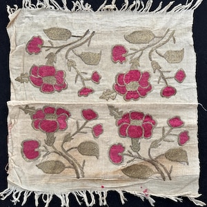 Vintage Hand-Embroidered Floral Textile with Metallic Details (Stained)