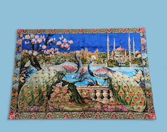 Vintage Peacock Tapestry Rug: 70's Velvet Turkish Wall Art