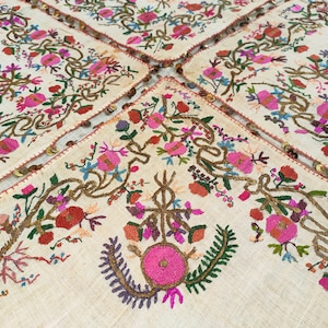 Antique Silk Embroidered Tablecloth: 19th C. Metallic Thread Textile