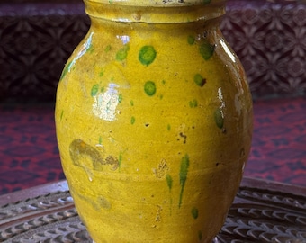 Antique Hand-Painted Yellow-Green Ceramic Jar: Glazed Pottery Urn, Rustic Decor