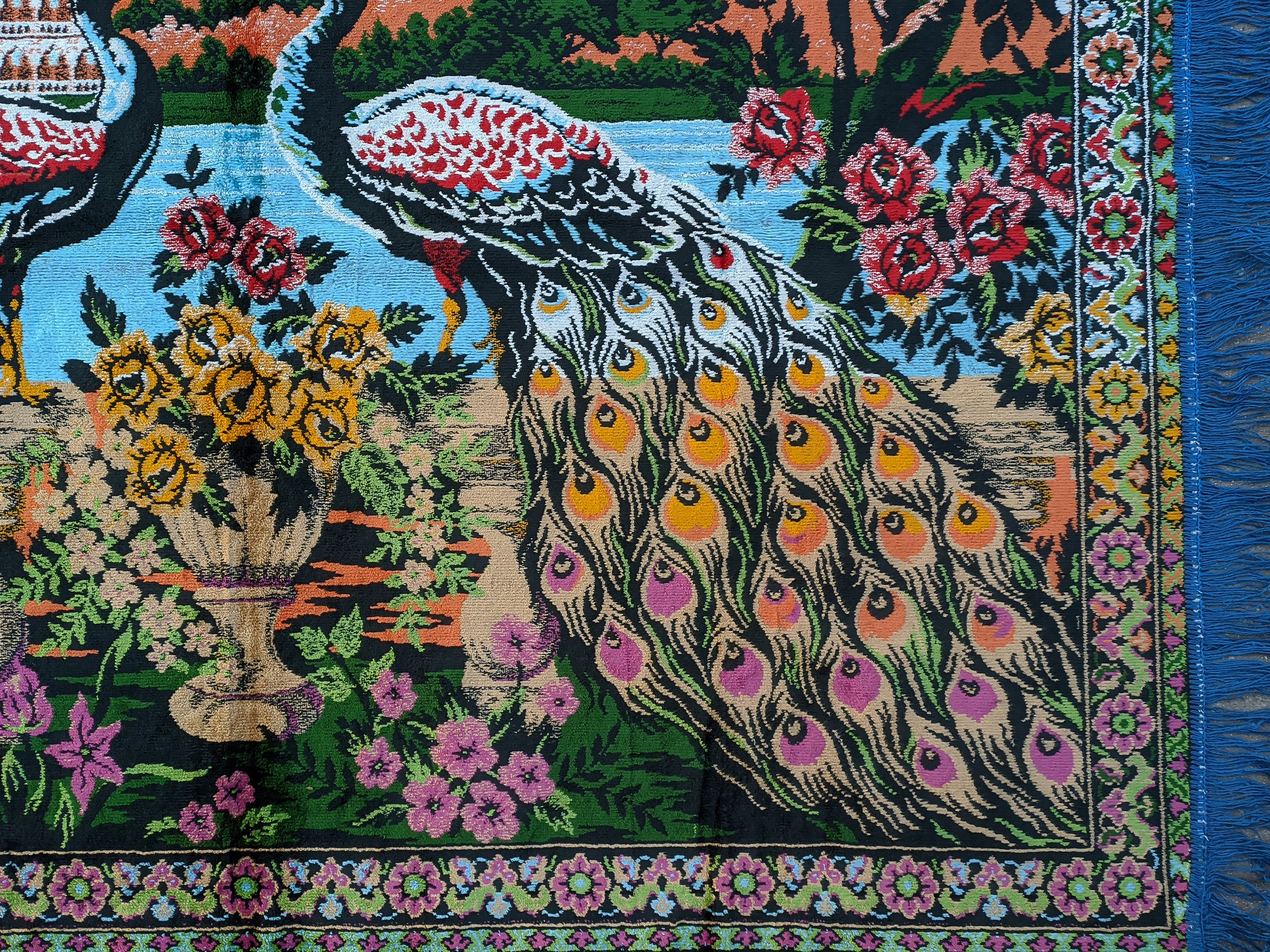 Tapis Mural Brodé Paon Ivoire 36x24 Pouces - Style Kashmir, Soie Art - Neuf Sous Emballage