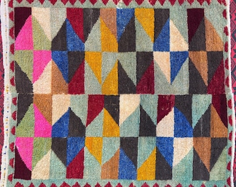 Antique Turkish Tulu Rug: Colorful Geometric Wool, 123x104cm