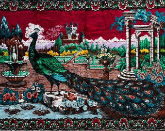 1970s Velvet Peacock Tapestry, Kitsch Boho Wall Hanging (175x120cm)