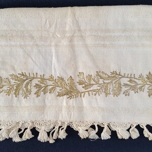 Antique Embroidered Textile, Gold Metallic Anatolian Embroidery Turkish Towel, Ottoman Antique Textiles
