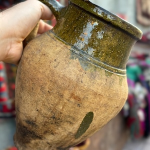 Antique Green Glazed Pottery Pitcher: Rustic Handmade Jug Vase