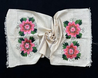 Vintage Handmade Traditional White Fabric with Pink Floral Embroidery