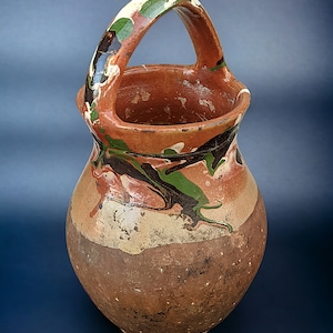 Cerámica esmaltada antigua del siglo XIX con asa, cerámica Konya Kinik antigua y rara, decoración antigua para el hogar, vasija de terracota de barro, vasija de arcilla antigua