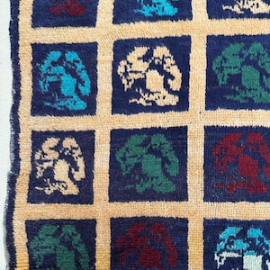 May include: A colorful rug with a repeating pattern of stylized trees in shades of blue, green, red, and white. The trees are set against a dark blue background and are surrounded by a light beige border.
