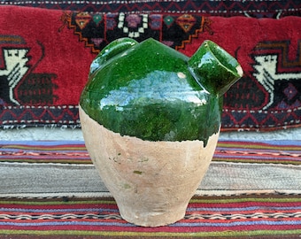 Antique Green Glazed Pottery Vase: Turkish Clayware Urn