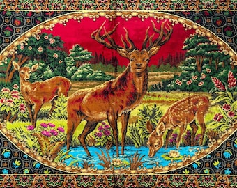 Vintage 1970s Deer Family Velvet Wall Hanging Rug Tapestry (180x116 cm)