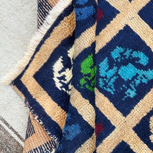 May include: A close-up of a colorful rug with a geometric pattern. The rug is made of wool and has a fringe border. The colors of the rug are blue, beige, green, and red.