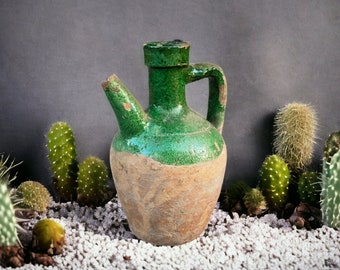 Antique Green Glazed Mini Water Pot | Glazed Terracotta Pottery Pitcher  | Antique Clay Pot