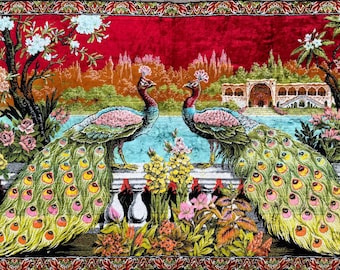 Vintage 70s Peacock Tapestry, Illustrated Wall Hanging Rug, 175x122cm
