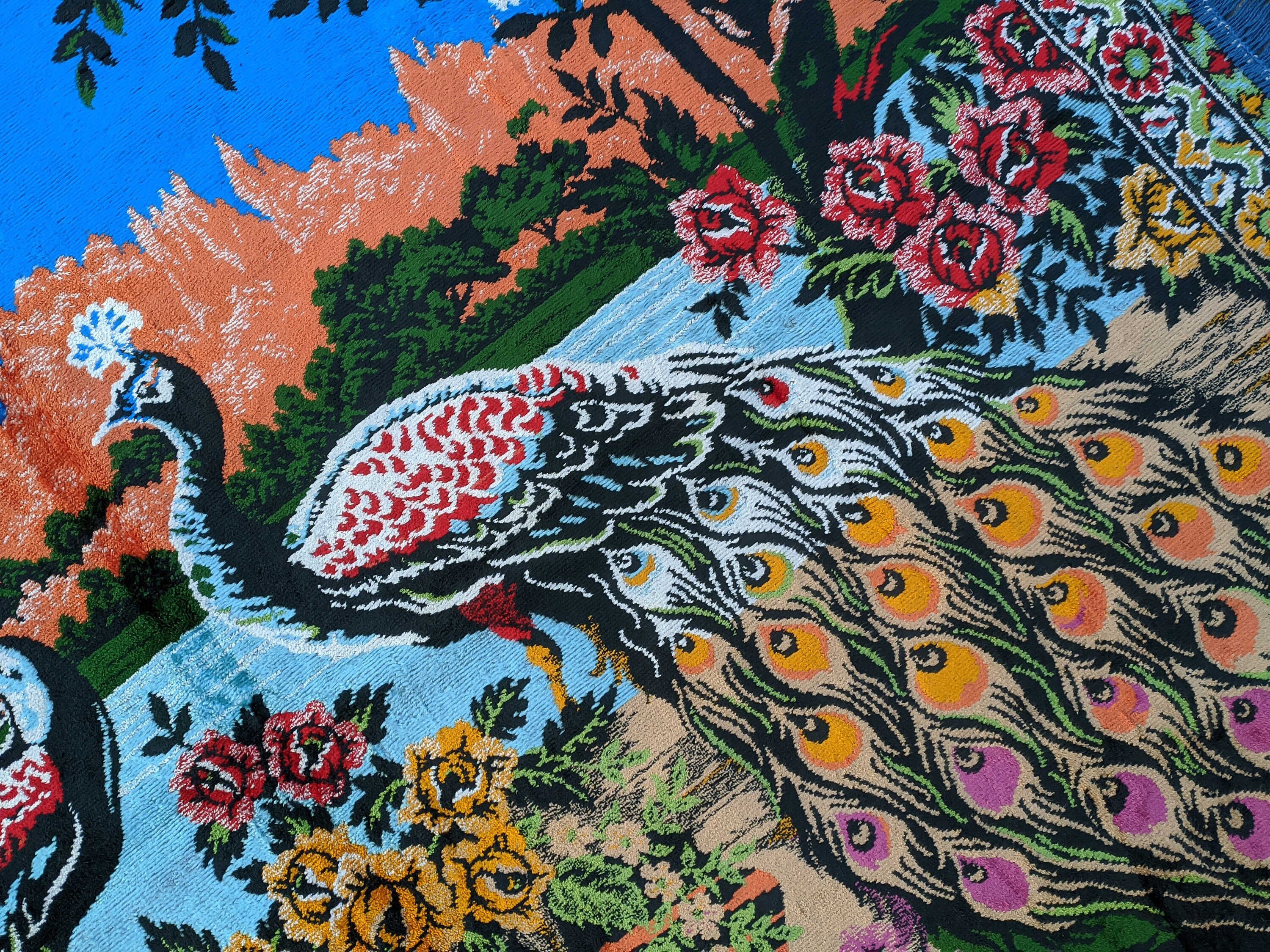 Tenture murale Noire brodée Tapisserie Paons Fait main Coton