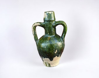 Antique Green Glaze Pot | Old Mini Clay Water Pot | Green Glaze Terracotta Pot with 2 Handle | Antique Home Decor | Handmade Pottery Vase