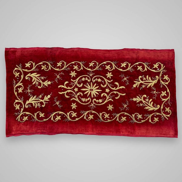 Antique Ottoman Embroidered Textile Pillow Cover | Antique Ottoman Embroidery | Metallic Bindalli Embroidery on Velvet Ottoman Panel Bordado