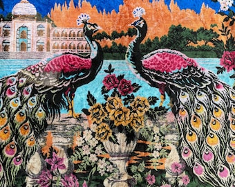Tapis mural vintage en velours paon - Décoration d'intérieur des années 1970 (158 x 114 cm)