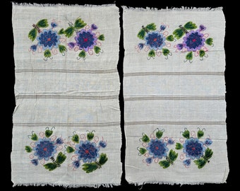 Vintage 1950s Colorful Embroidered Floral Fabric Panels - Set of 2, Machine-Stitched on Fine Handwoven Cloth