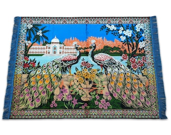 Vintage 70s Peacock Tapestry Rug: Vivid Turkish Wall Art Decor