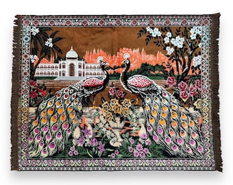 Vintage Peacock Velvet Tapestry Rug: 1970s Wall Hanging Decor (150x120 cm)