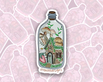 Fairy Jar Sticker  – Cottagecore Vinyl Sticker, Fairycore Waterproof Decal, Fantasy Mushroom House Aesthetic for Laptop, Journal