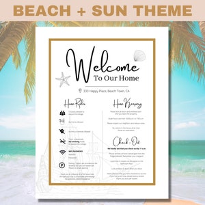 May include: A welcome sign with a beach and sun theme. The sign has a gold frame and features a welcome message, house rules, house keeping, and check out information. The sign is decorated with a starfish and seashells.