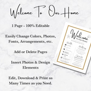 May include: A printable welcome sign for a home with a beach theme. The sign includes a welcome message, house rules, house keeping tips, and a check-out list. The sign is editable and can be customized with photos and colors.