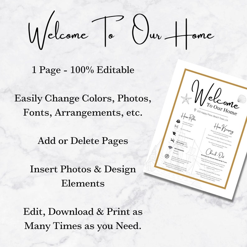 May include: A printable welcome sign for a home with a beach theme. The sign includes a welcome message, house rules, house keeping tips, and a check-out list. The sign is editable and can be customized with photos and colors.