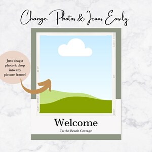 May include: A digital illustration of a welcome sign with a green and light green hill, a white cloud, and blue sky. The text on the sign reads "Welcome to the Beach Cottage".