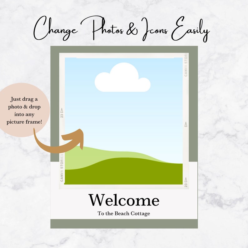 May include: A digital illustration of a welcome sign with a green and light green hill, a white cloud, and blue sky. The text on the sign reads "Welcome to the Beach Cottage".