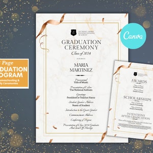 May include: A graduation programme template for homeschooling or family ceremonies. The programme features a marble background with gold accents and the text "Graduation Ceremony, Class of 2024, Honoring Maria Martinez".