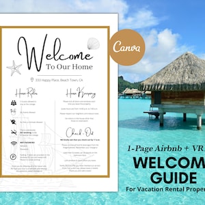 Libro de bienvenida Airbnb Beach, 1 página, cartel de bienvenida de Beach House, reglas de la casa de Airbnb, tarjeta de felicitación imprimible, plantilla Canva, VRBO