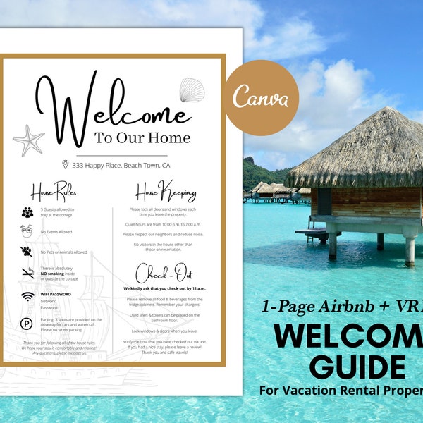 Libro de bienvenida Airbnb Beach, 1 página, cartel de bienvenida de Beach House, reglas de la casa de Airbnb, tarjeta de felicitación imprimible, plantilla Canva, VRBO