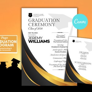 May include: A black and gold graduation programme template with the text "Graduation Ceremony" and "Class of 2024". The programme is for homeschooling and family ceremonies. The template is designed to be printed on two pages.