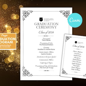 May include: A black and white graduation programme template for homeschooling or family ceremonies. The programme includes the order of events for the graduation ceremony, including the processional, presentation of colours, the national anthem, greetings, student speaker address, and conferring of degrees. The programme also includes a list of the graduating students' names.