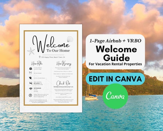 Beach Airbnb Welcome Book Page – 1 Page Canva Template | House Rules & Guest Info Sheet for Vacation Rental or VRBO Hosts | Instant Download