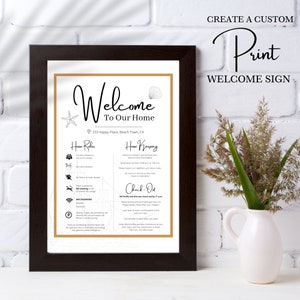 May include: A framed welcome sign with a nautical theme. The sign includes the text "Welcome to Our Home", "333 Happy Place, Beach Town, CA", "Home Rules", "Housekeeping", and "Check-Out".