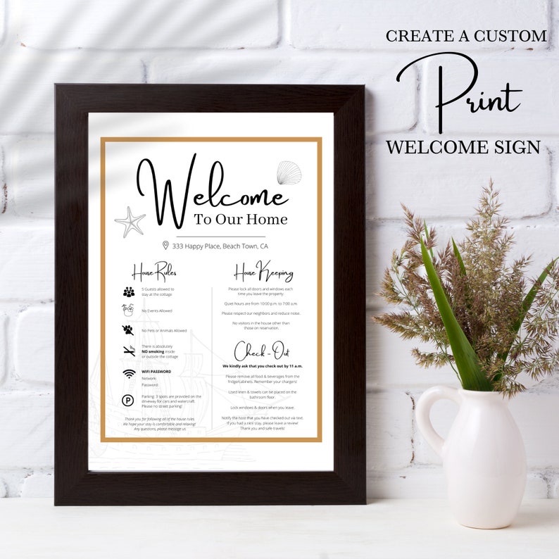 May include: A framed welcome sign with a nautical theme. The sign includes the text "Welcome to Our Home", "333 Happy Place, Beach Town, CA", "Home Rules", "Housekeeping", and "Check-Out".