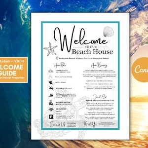 Livro de boas-vindas de 1 página Airbnb Beach, placa de boas-vindas do Airbnb, cartão comemorativo para impressão, regras da casa, modelo Canva, aluguel de temporada, VRBO